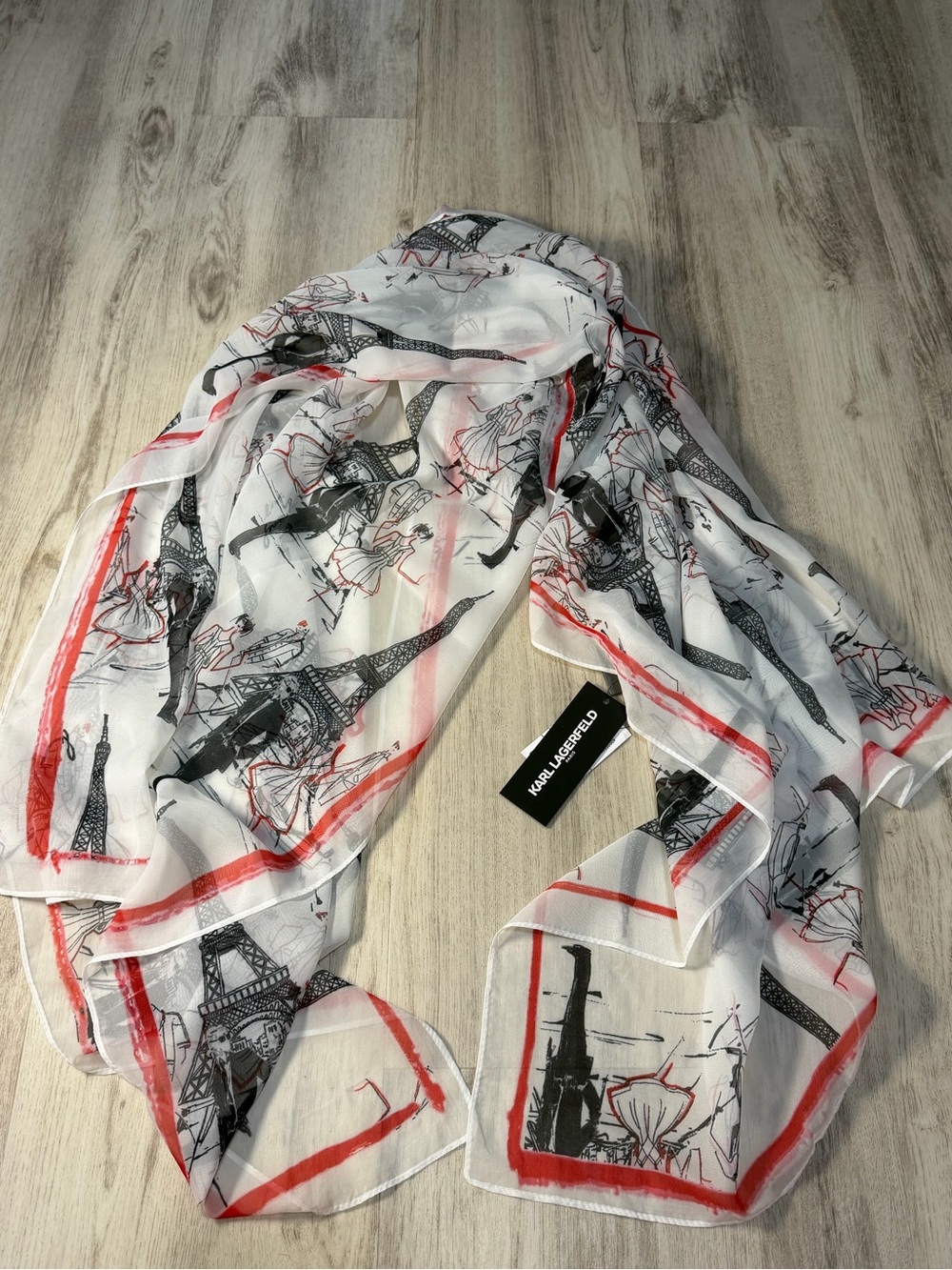 Karl Lagerfeld White Scarf with Black Paris Print and Red Border